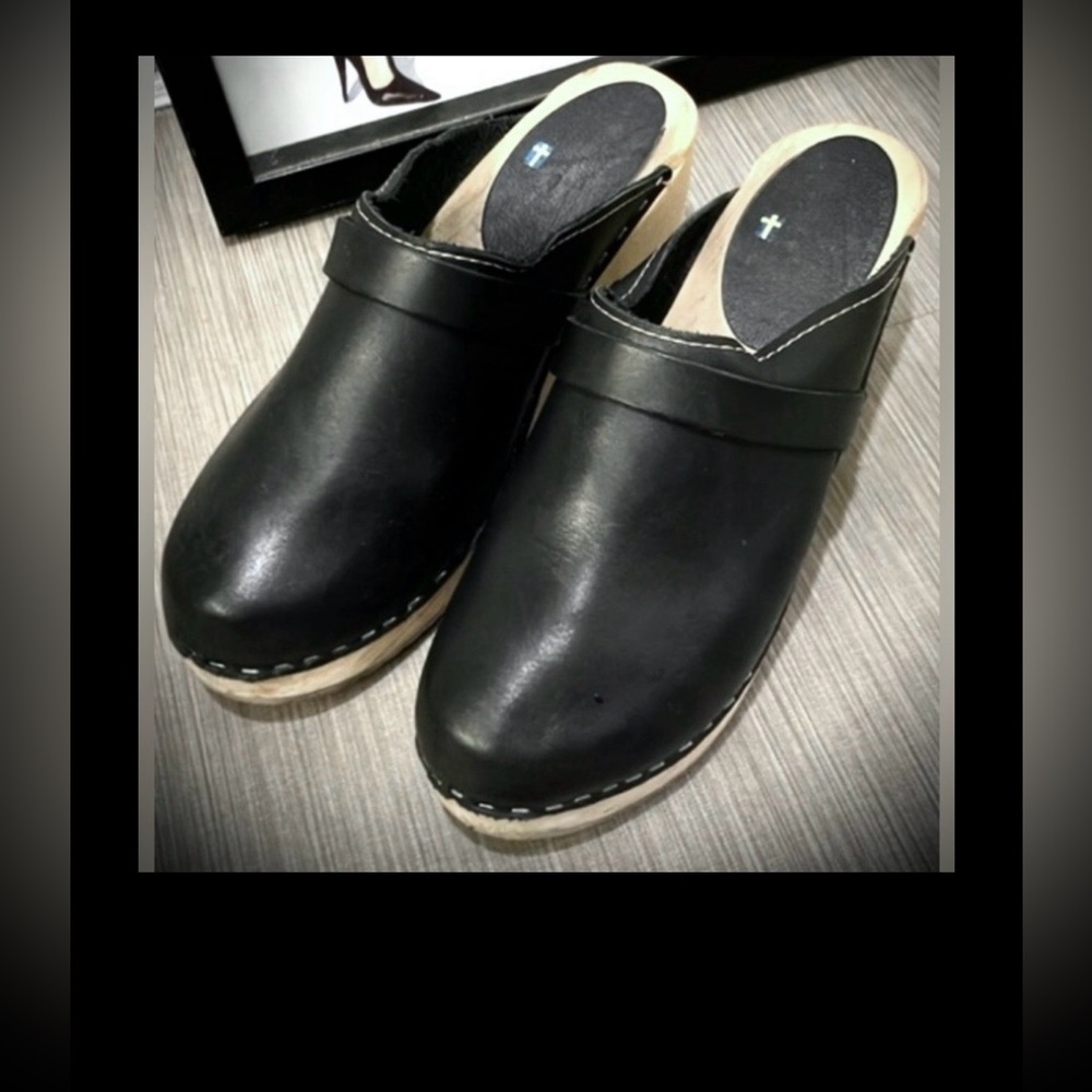 MIA Swedish Leather Mule Clogs Wooden Platform in Black Size 9.5